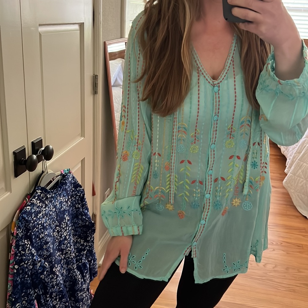 Johnny Was Aqua Embroidered tunic top large - Picture 5 of 16